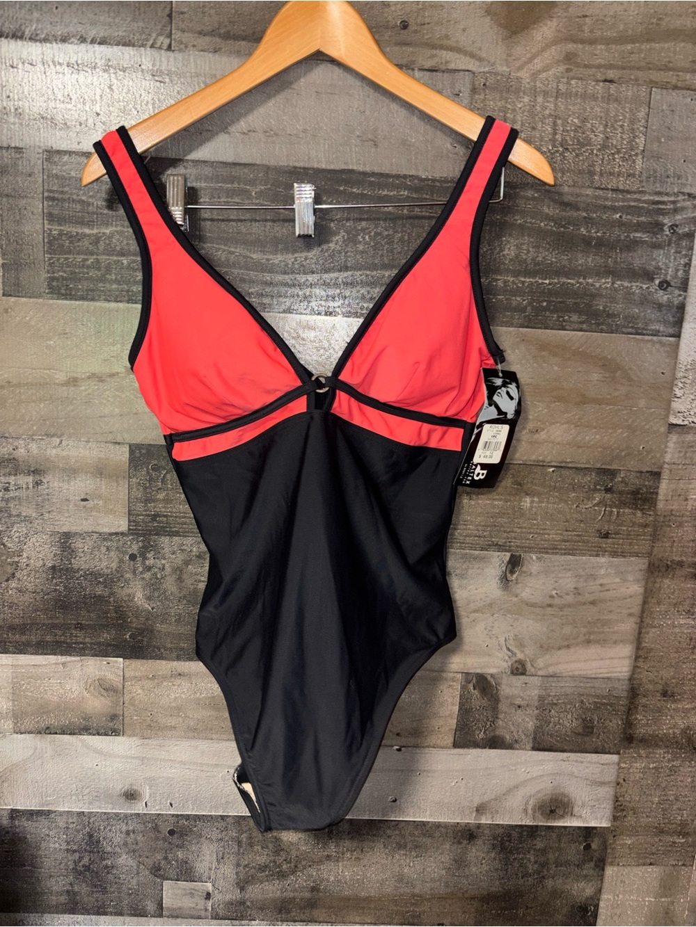 NWT Women’s Coral & Black 1-Piece Swimsuit w/ V-Neck Hygiene Paper intact Sz 12
